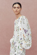 Perla Hand Painted Flora Blouse and Short Matching Set in Tencel-Ramie