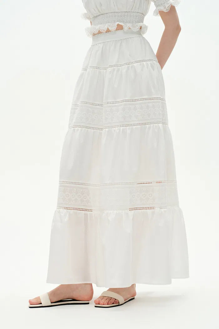 Oluka Openwork Embroidery A-Line Skirt in Silk-Cotton Blend