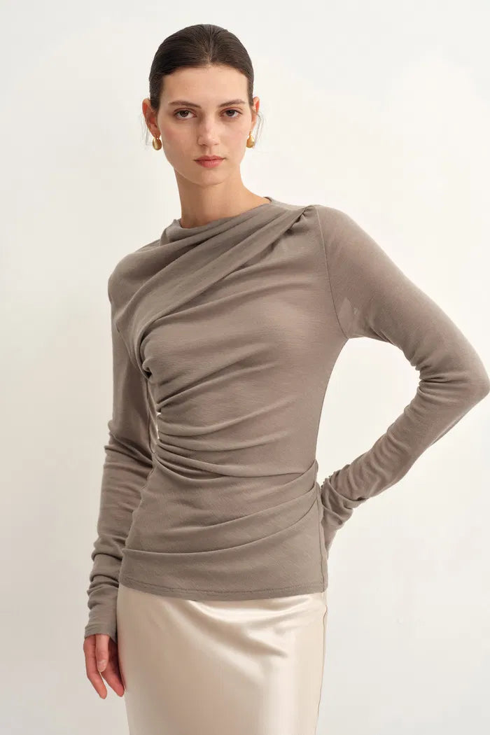Edith Sculpted Look Gathering Long Sleeve Top in Merino Wool Knit