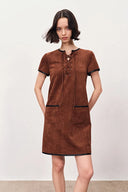 Nevaeh Hand Applied Contrast Leather Trim Short Dress in Ultrasuede