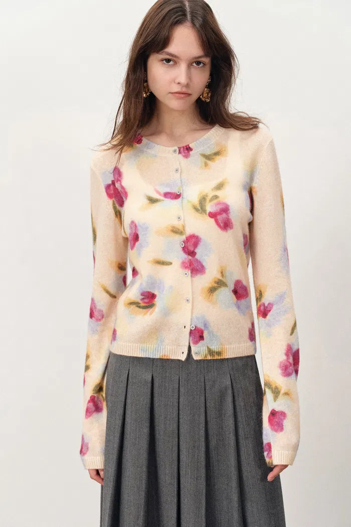 Sini Hand Printed Oil Painted Iris Cardigan in Alpaca-Merino Blend