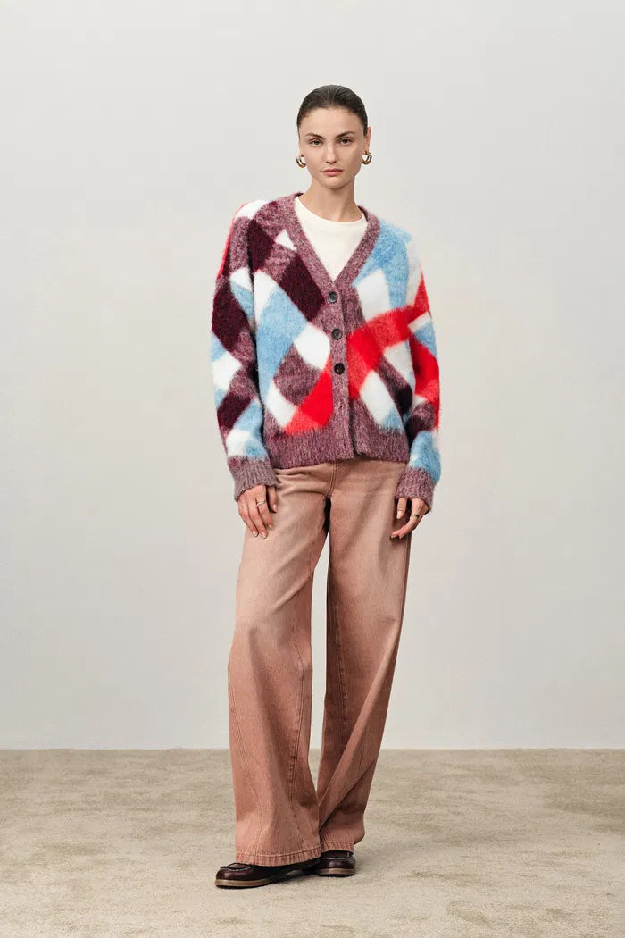 Svala Twisted Plaid Cropped Cardigan in Wool Alpaca Blend