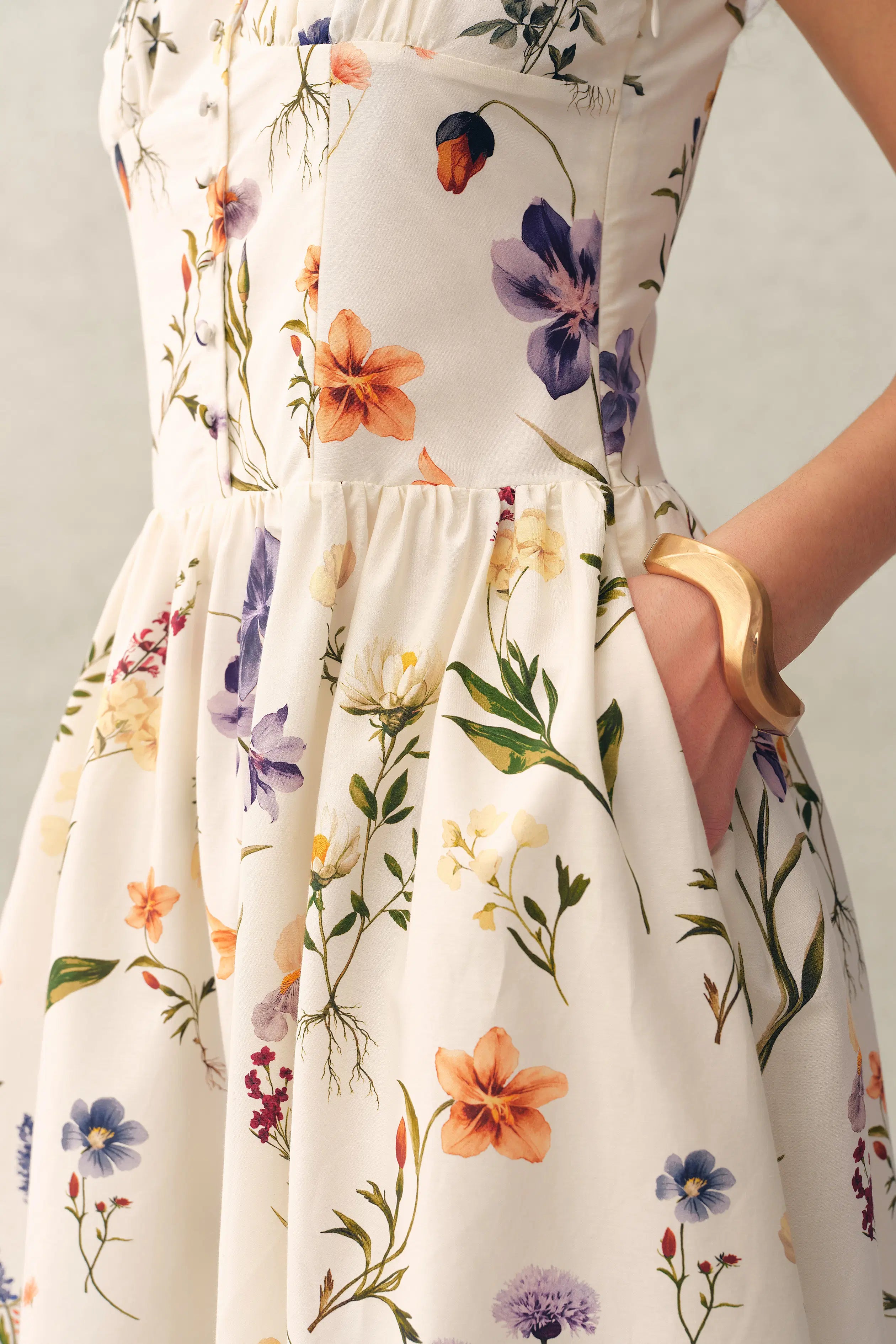 Eliana Handpainted Freesia Ruffle Trim Wide Strap Sleeveless Dress in Silk Cotton Blend S/P