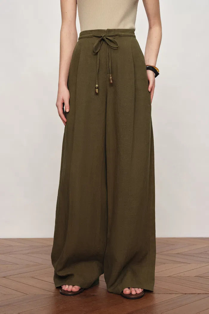 Perla Beaded Drawstring Wide Leg Pants in Hemp