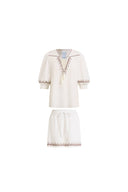 Becky Cross Stitch Tie Front Short Sleeve Shirt and Shorts Set in Linen Blend