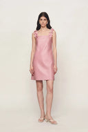 Katia 3D Handcrafted Flower Strap Dress in Silk-Wool Satin
