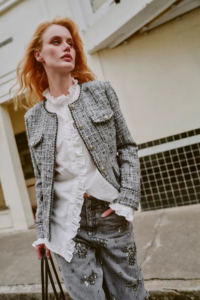 Deauville Hand Woven Trim Crew Neck Tweed Jacket in French Bouclé