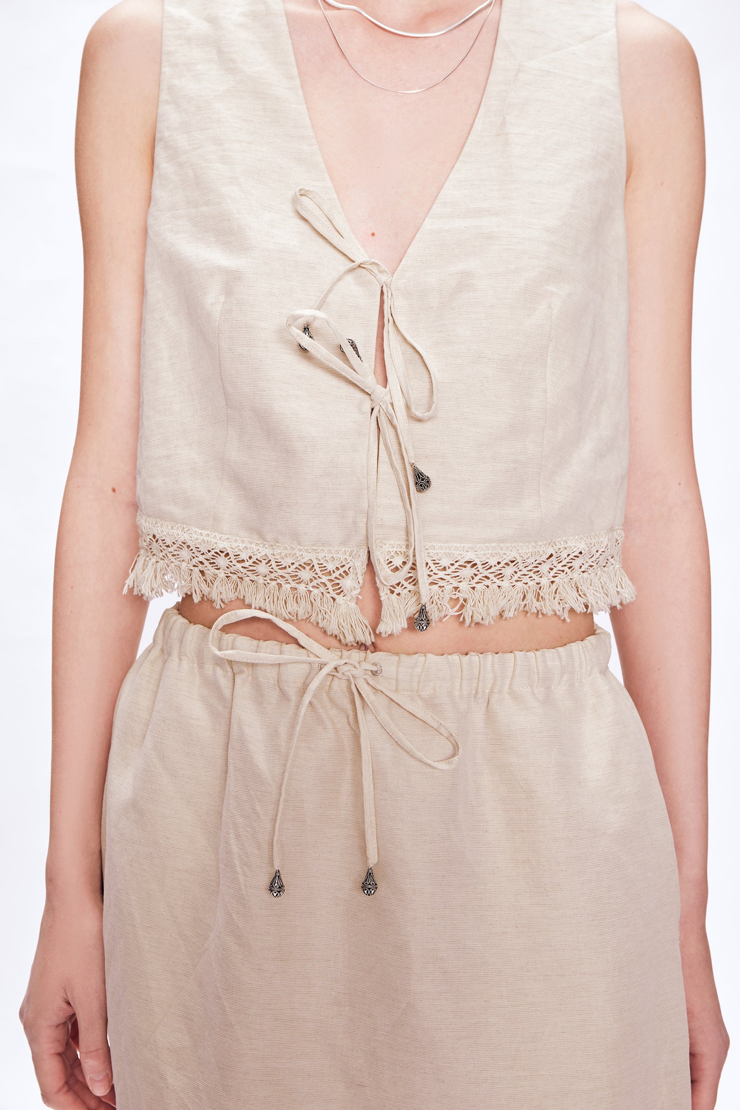 Velia Handcrafted Tassel Vest and Skirt Set in Linen Blend