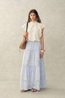 Bree Striped Embroidered Drawstring Tiered Skirt in Crinkled Cotton