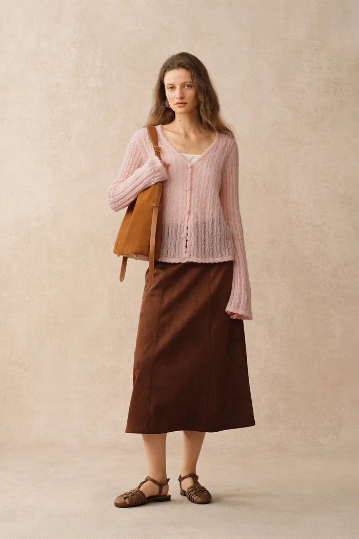 Serenity V Neck Sheer Cardigan in Lightweight Mohair Cable Knit