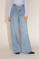 Olive Elastic Waist Straight Jeans in Striped Cotton Denim