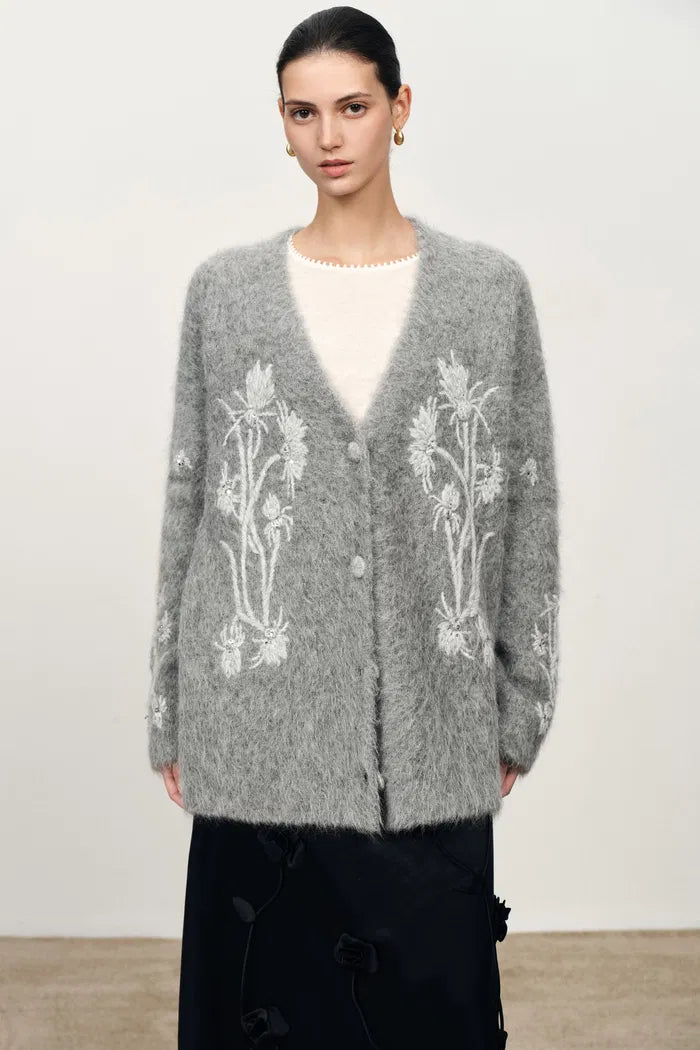 Violet Hand Work Cereus Flora Cardigan in Alpaca Blend Knit
