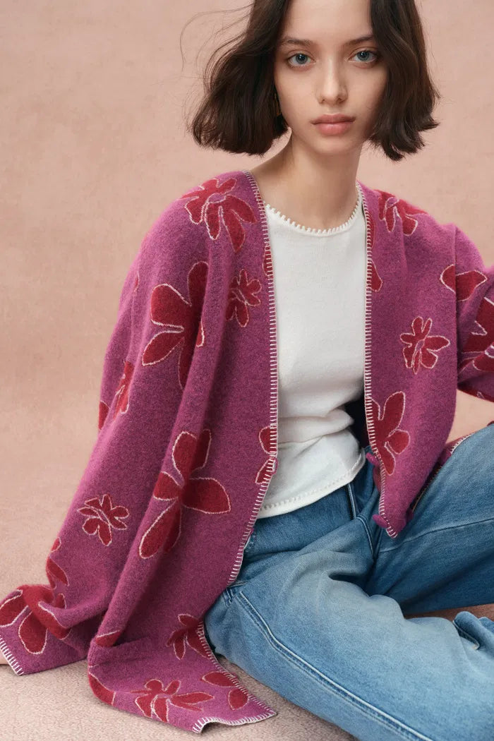 Louloudia Hand Crochet Edges Floral Jacquard Cardigan in Stretchy Merino Wool Knit