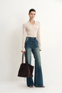 Ava Contoured Waistband Gradient Washed Flared Jeans in Stretchy Denim