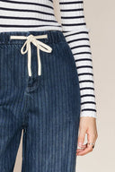 Olive Striped Drawstring Straight Leg Jeans in Striped Denim