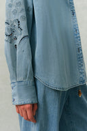 Vinetta Curved Button Placket Floral Embroidered Shirt in Cotton Linen Denim