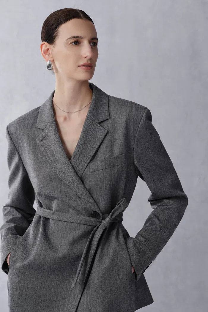 Kano Single Button Tie Waist Blazer and Skirt Matching Sets in Fine Wool Blend