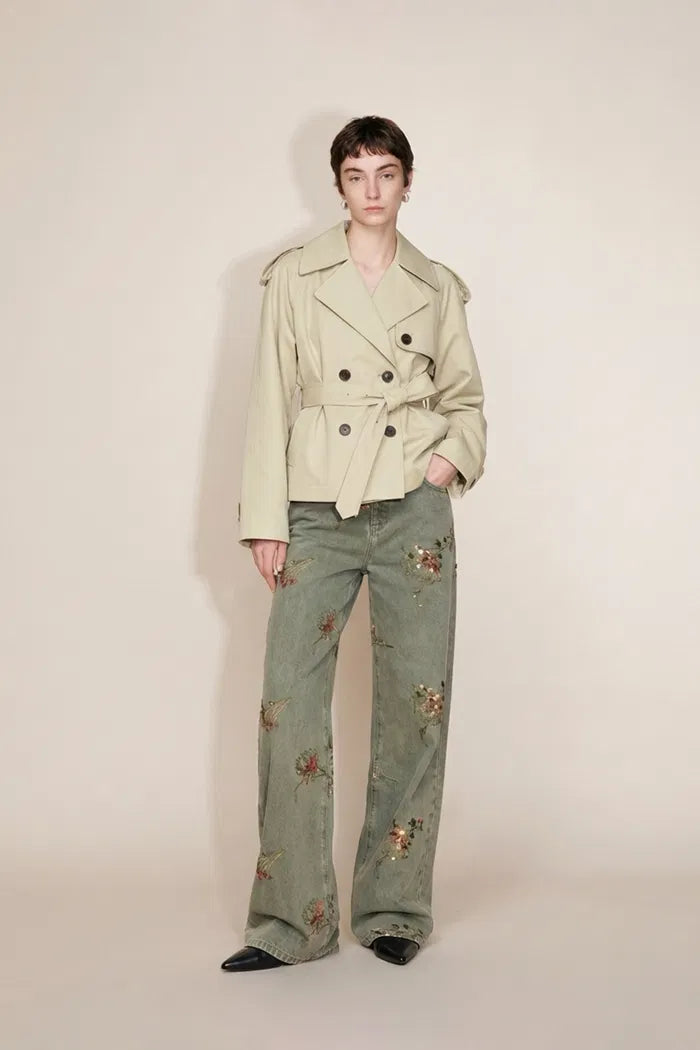 Beatrice Contrast-Trim Short Trench Coat in High-Density Cotton Twill