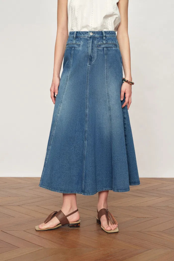 Quilla A-Line Midi Skirt in Cotton Denim