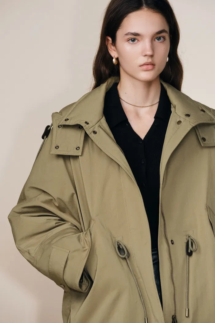 Casey Hooded Drawstring Lightweight Down Jacket in Crinkle Cotton Blend