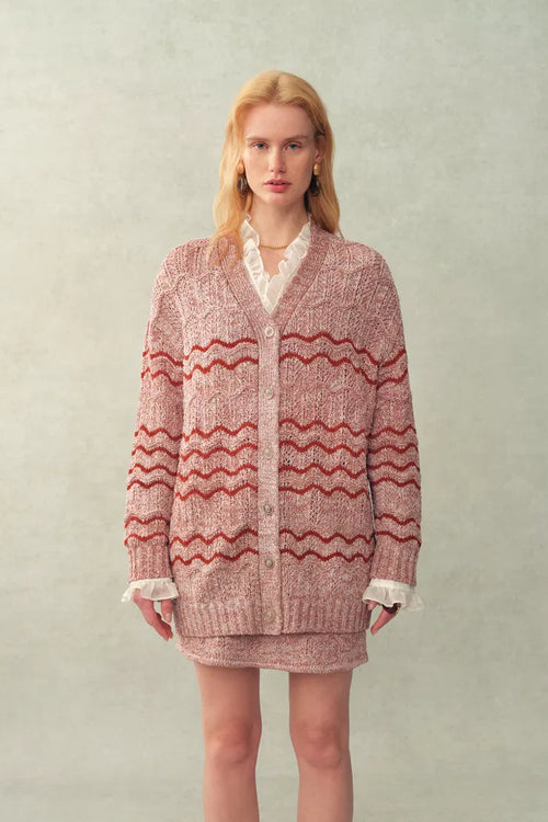 Lorena Striped Oversized Cardigan and Skirt Matching Set in Cotton Blend Fancy Yarn Knit