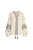 Olivia Boho Embroidered Long Sleeve Blouse Top in Premium Silk-Cotton