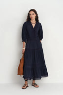 Elli Embroidery Puff Sleeve Blouse Top and Maxi Skirt Matching Set in Cotton