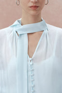 Paz Blue Embroidered Top in Silk-Linen Blend