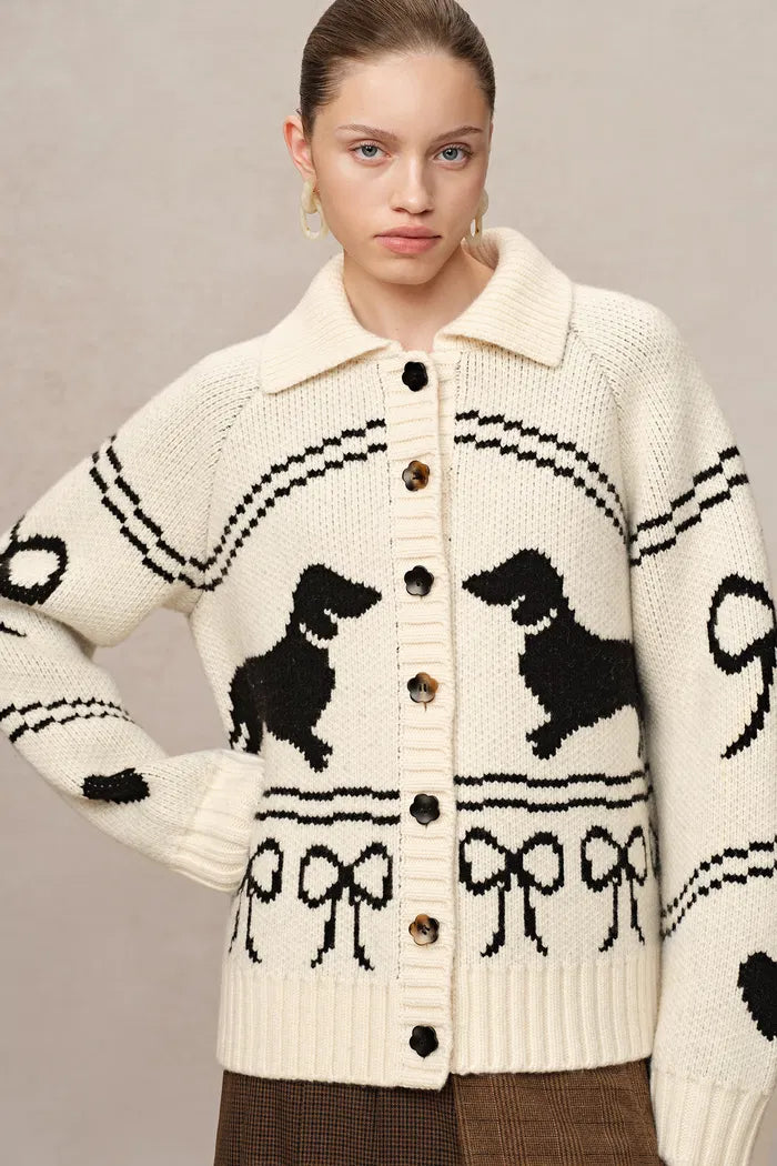 Perla Dachshunds Jacquard Cardigan in Chucky Merino Wool Knit