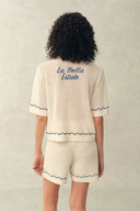 Conjunto de cárdigan con botones y shorts Oriel Palm con bordado artesanal en mezcla de lino tejido