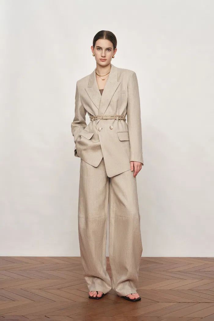 Charlie Deconstructed Asymmetric Double-Belt Blazer in Cotton Linen
