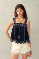 Blaze Boho Embroidery Fringe Tie Front Sleeveless Top in Crinkled Georgette