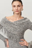 Luna Cold Shoulder Floral Tulle Tassel Sweater in Merino Wool