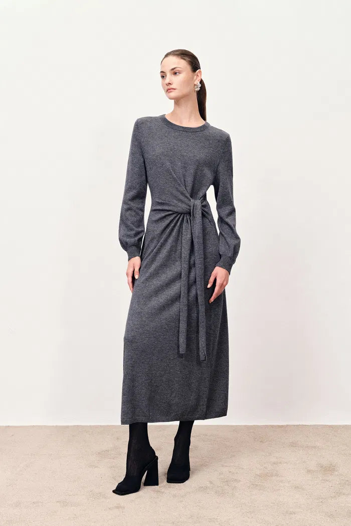 Nora Asymmetric Knotted Maxi Dress in Merino Wool Knit