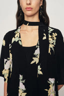 Aria Floral Tie Neck Elbow Sleeve Dress in Light Crinkle Gauze