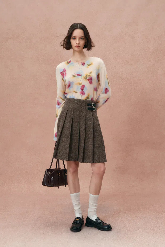 Maeve Leather Buttoned Pleated Skirt in Merino Wool