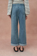 Zoe Raw Edge Waistband Straight Leg Jeans in Cotton Denim