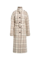 Fleur Textured Plaid Belted Long Coat in Wool Blend