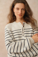 Rhea Scalloped Henley Striped Sweater in Wool-Alpaca Knit