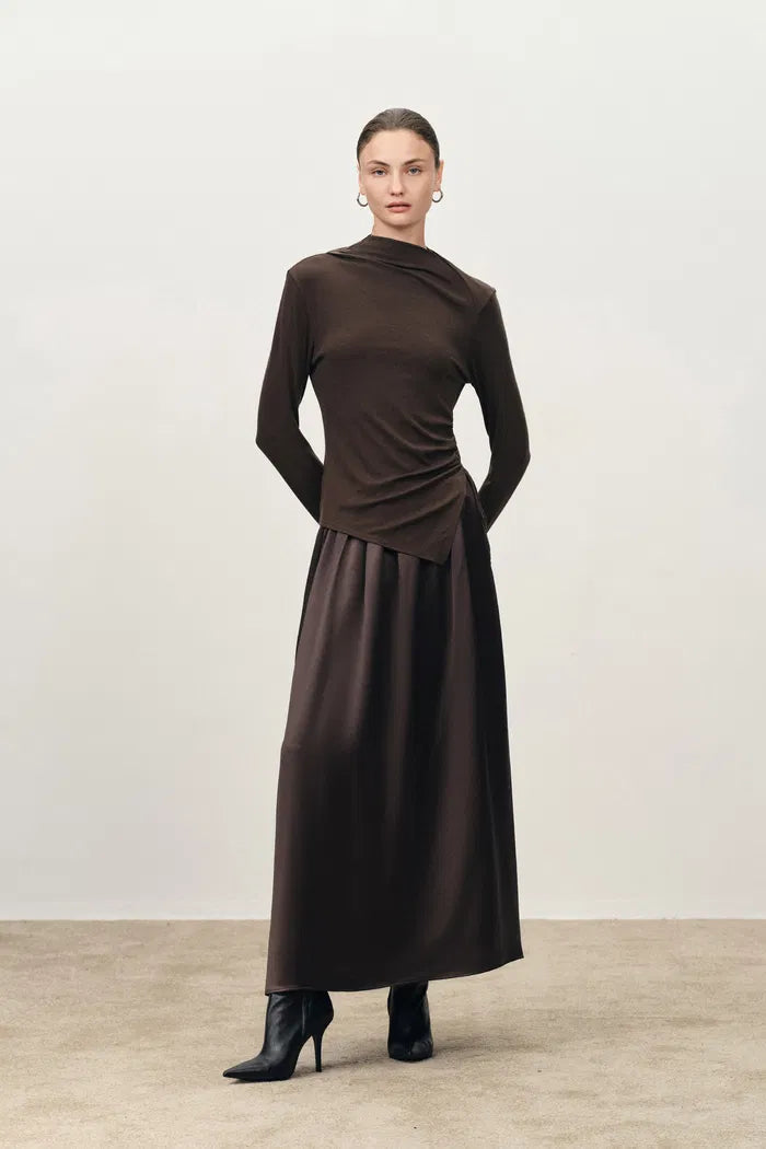 Ava Pleated Long Sleeve Top and Acetate Skirt Set in Tencel Merino Knit