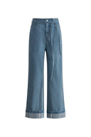 Zoe Raw Edge Waistband Straight Leg Jeans in Cotton Denim