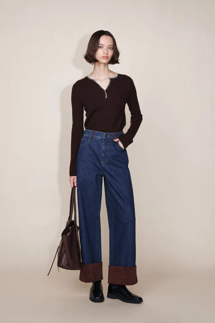 Coora Suede Cuffs Straight Leg Jeans in Cotton Denim