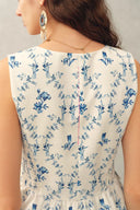 Elara Pleated Floral Square Neck Pearl Button Sleeveless Top in Linen Blend