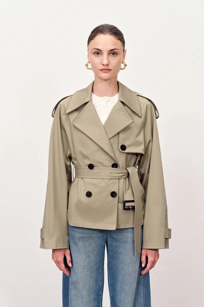 Beatrice Wind and Wrinkle Resistant Short Trench Coat in Cotton Stretch Twill