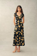 Maggie Handpainted Floral Cinched Waist Dress in Silk Double Crepe