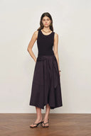 Kaia Paneled Waist Tie Sleeveless Dress in Cotton Knit and Tencel Denim