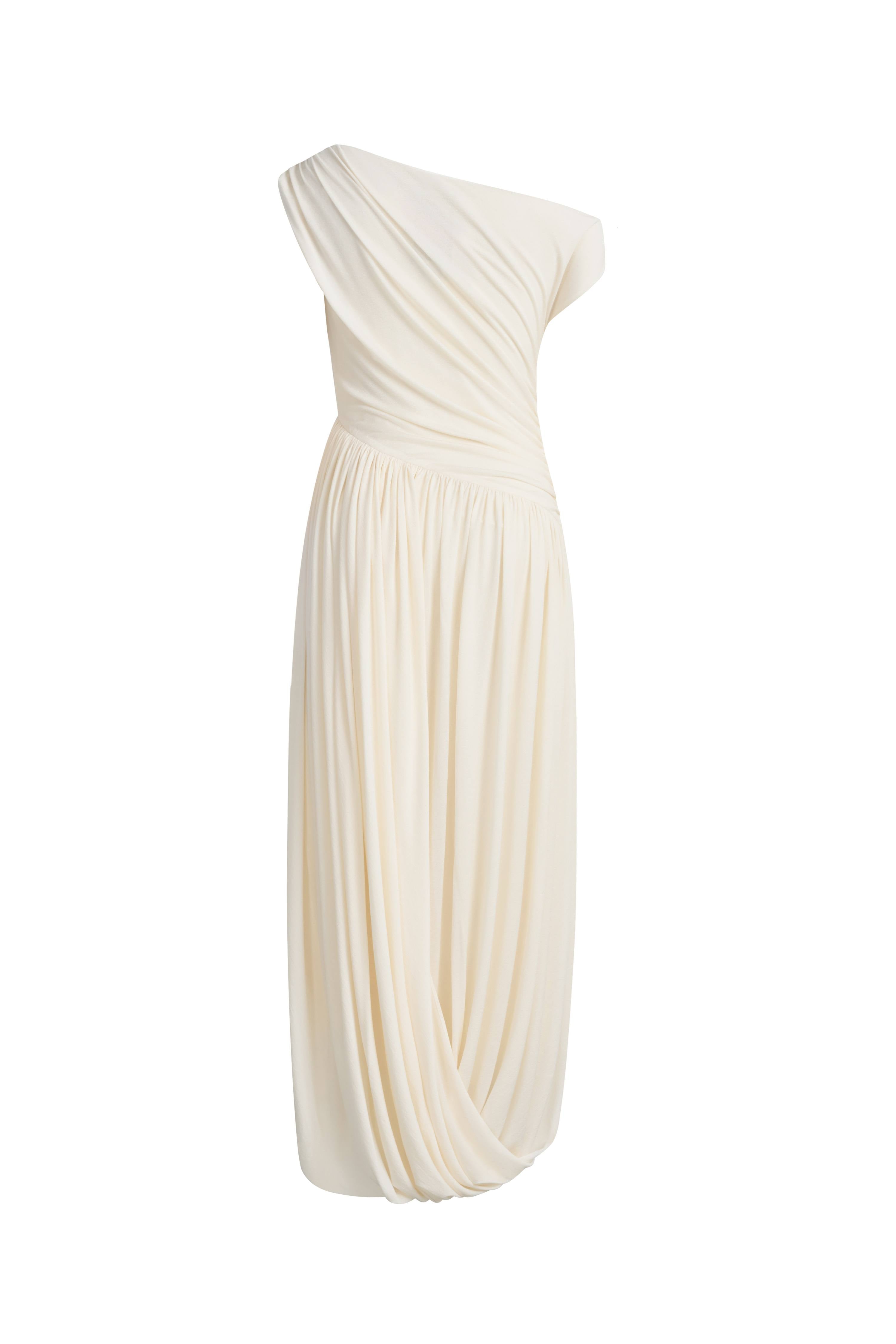 one shoulder greek dress Grecian Lam One Shoulder Gown Silver / XS