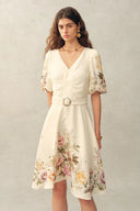 Eve Handpainted Floral Belted Puff Sleeves Dress in Silk Linen Blend