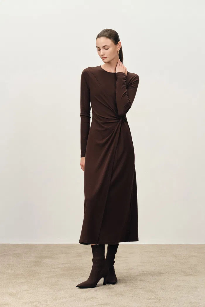 Grace Twisted Drape Long Sleeve Maxi Dress in Tencel-Wool Knit