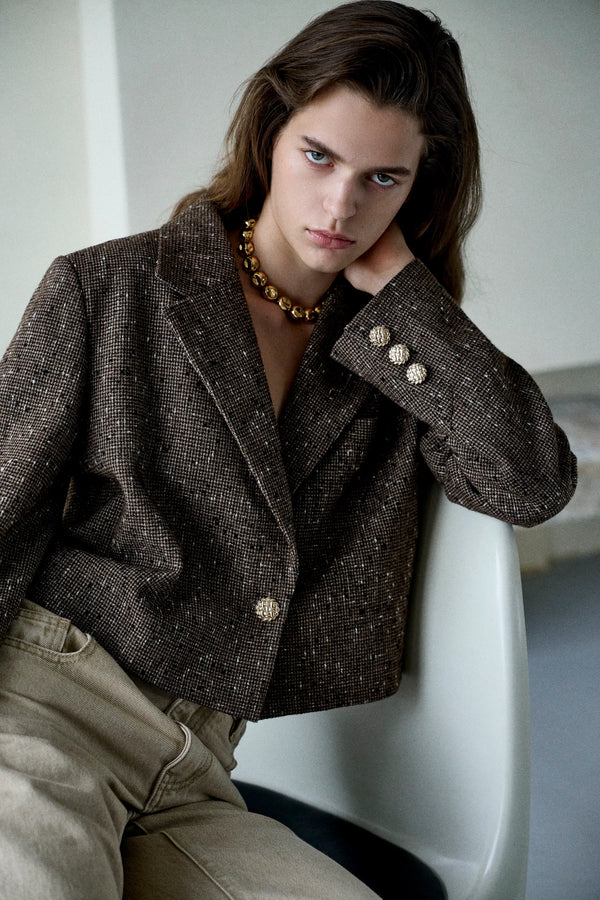 Eleanor Crop Houndstooth Blazer in Light Wool-Blend